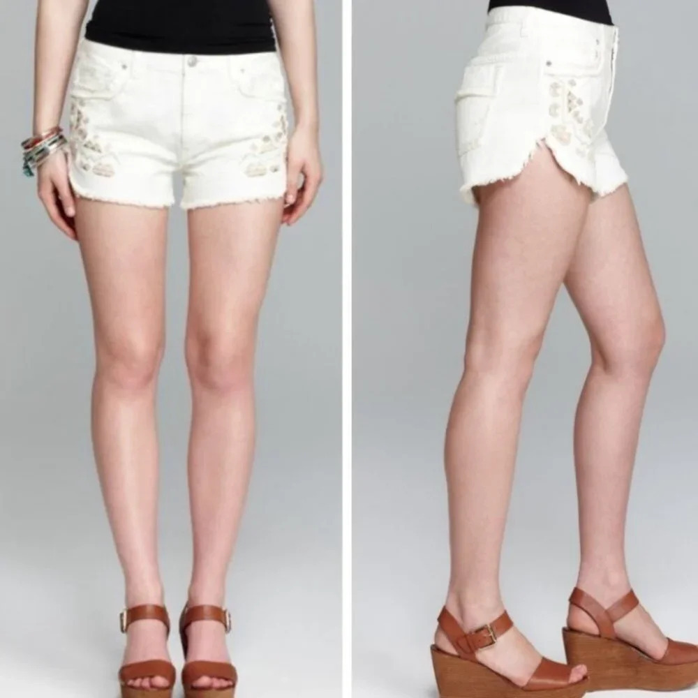 Free People Tulum Embroidered Ripped Jean Shorts